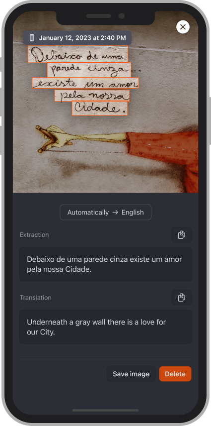 ScanTexter on iPhone showing a photo, extracted handwriting, and its translation.